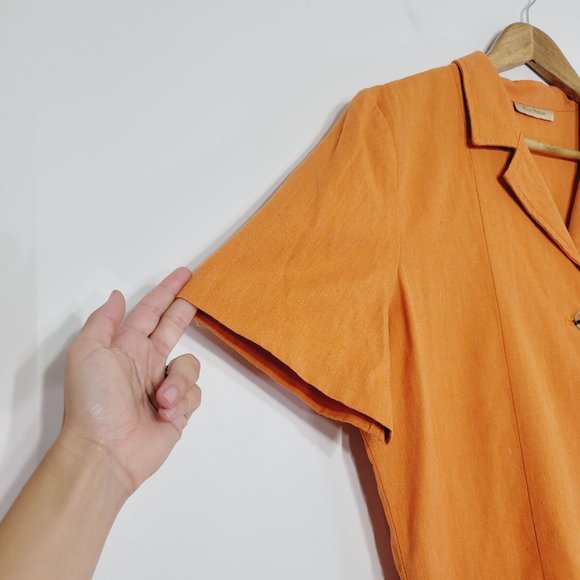 Vice Versa Vintage Blouse Smock Short Sleeve Orange Linen Blend Collared Pockets - Picture 2 of 10